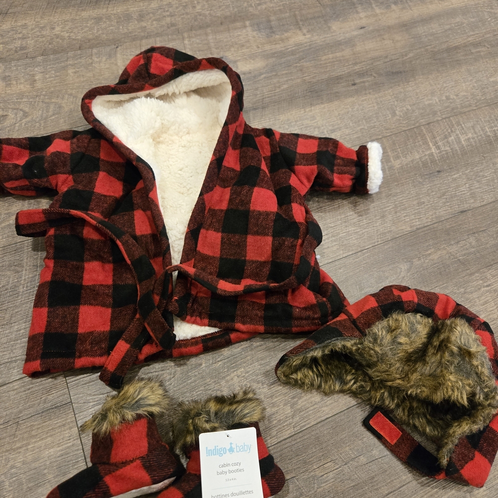 Indigo Red and Black Plaid Baby Jacket with Fur Trim
